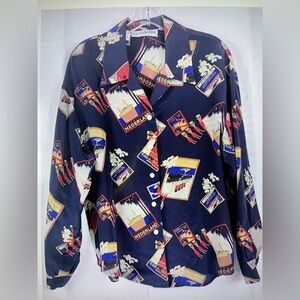 JH Collectibles Womens Graphic Print 100% Silk Navy Blue Button Down Shirt Sz 8